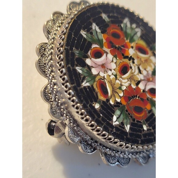 Unique Antique Vintage MICRO MOSAIC Brooch Pin Italian Hand Crafted Silver - Picture 3 of 12